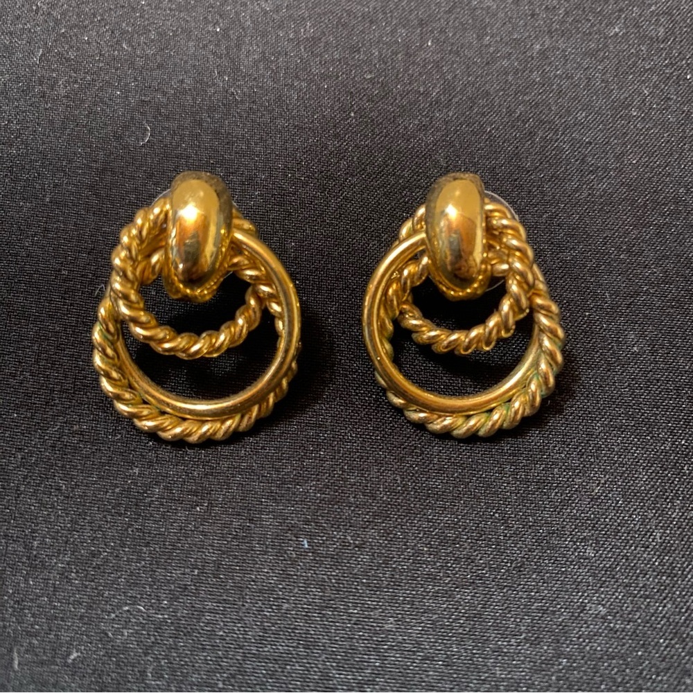 Vintage Gold Tone 80's Rope Twist Drop Pierced Earrings